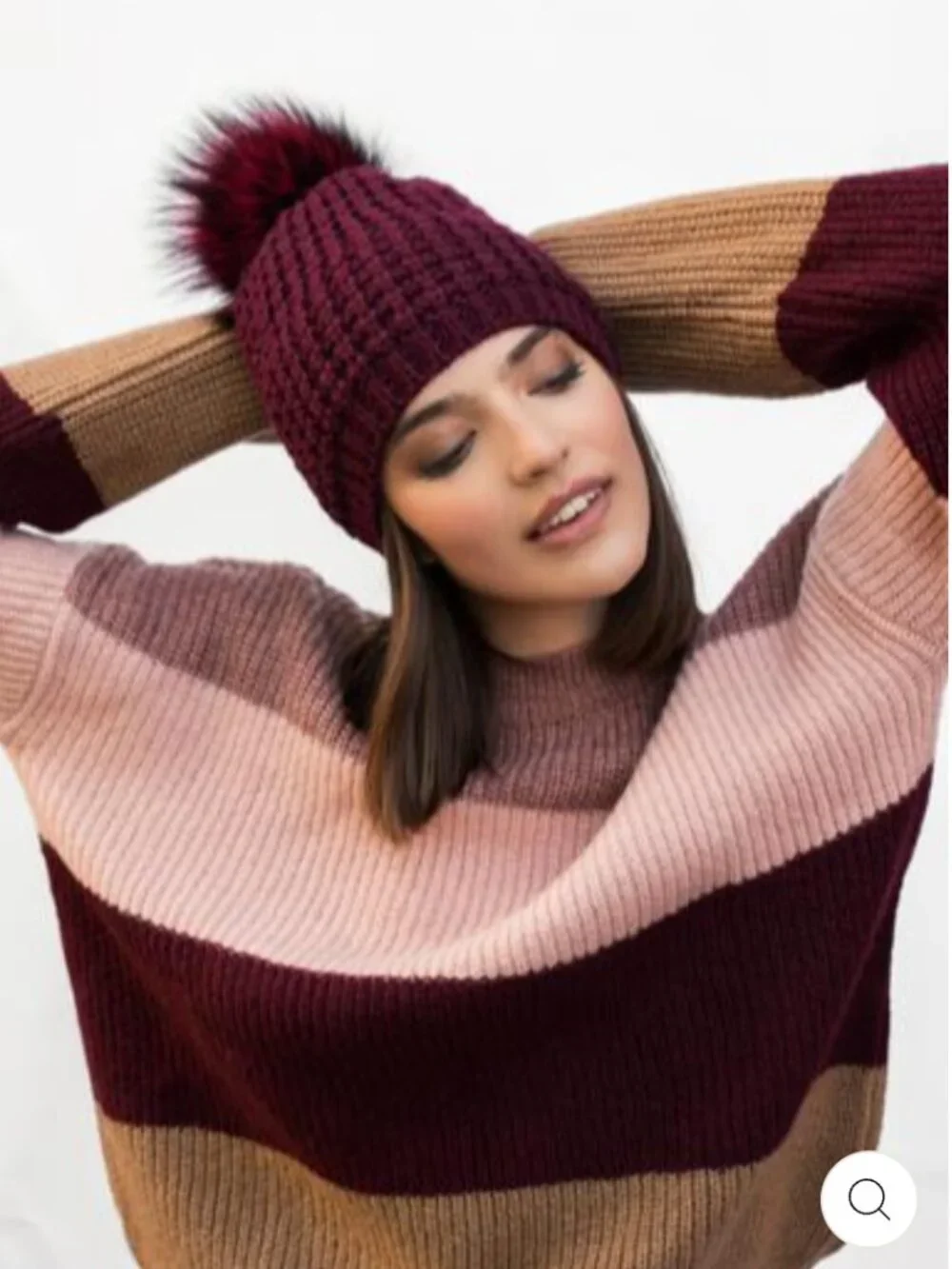 Kyi Kyi Classic Fox Fur Pom Pom Beanie Hat Burgundy